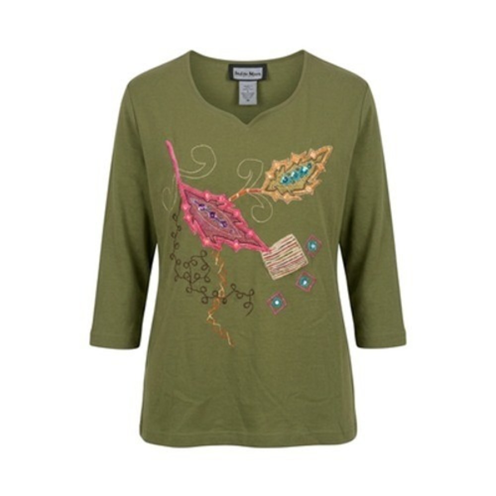 Indigo Moon Fall Festival Top Women M Green Embroidered Rhinestone Artsy Granny